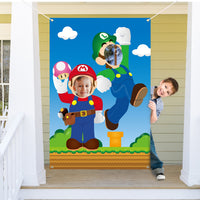 Mario Photo Booth Props Photography Backdrops , 39.7 x 59 inch Mario Photo Door Banner, Mario Banner with Rope, Mario Themed Party Decoration Supplies Party Favors