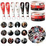 Horror Classic Movie Character Party Supplies Kit,74Pcs Horror Movie Party Favors All-in-One Pack Party Supplies Include Horror Movie Character Keychain Wristband Badge Stickers for Halloween Or Birthday Party