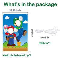 Mario Photo Booth Props Photography Backdrops , 39.7 x 59 inch Mario Photo Door Banner, Mario Banner with Rope, Mario Themed Party Decoration Supplies Party Favors
